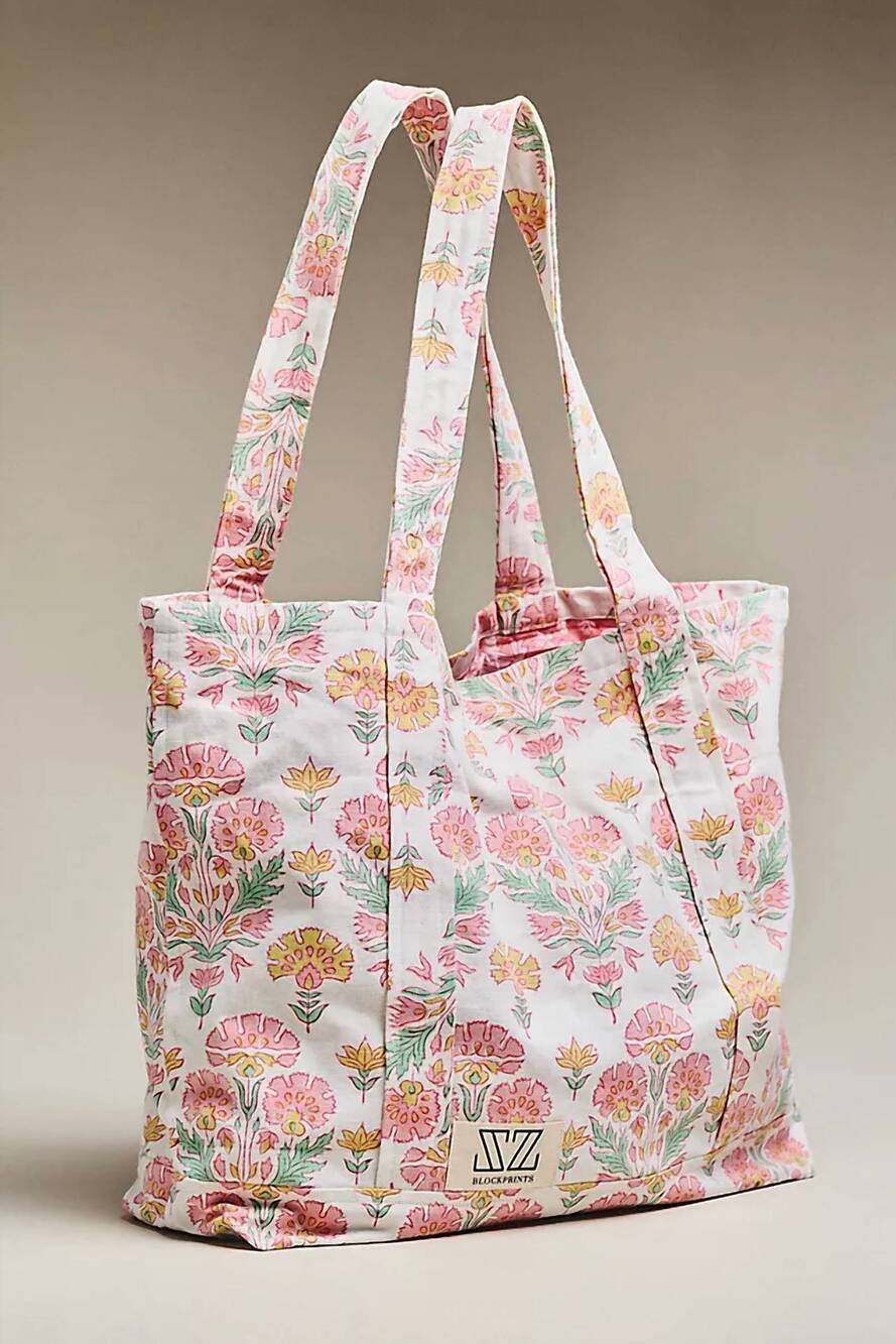 NEW SZ BLOCKPRINTS women's printed tote bag in cornflower/camel